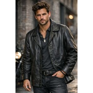 Structure Leather Jacket‎ Mens XL Black Quilted Lined Moto Biker Warm Winter